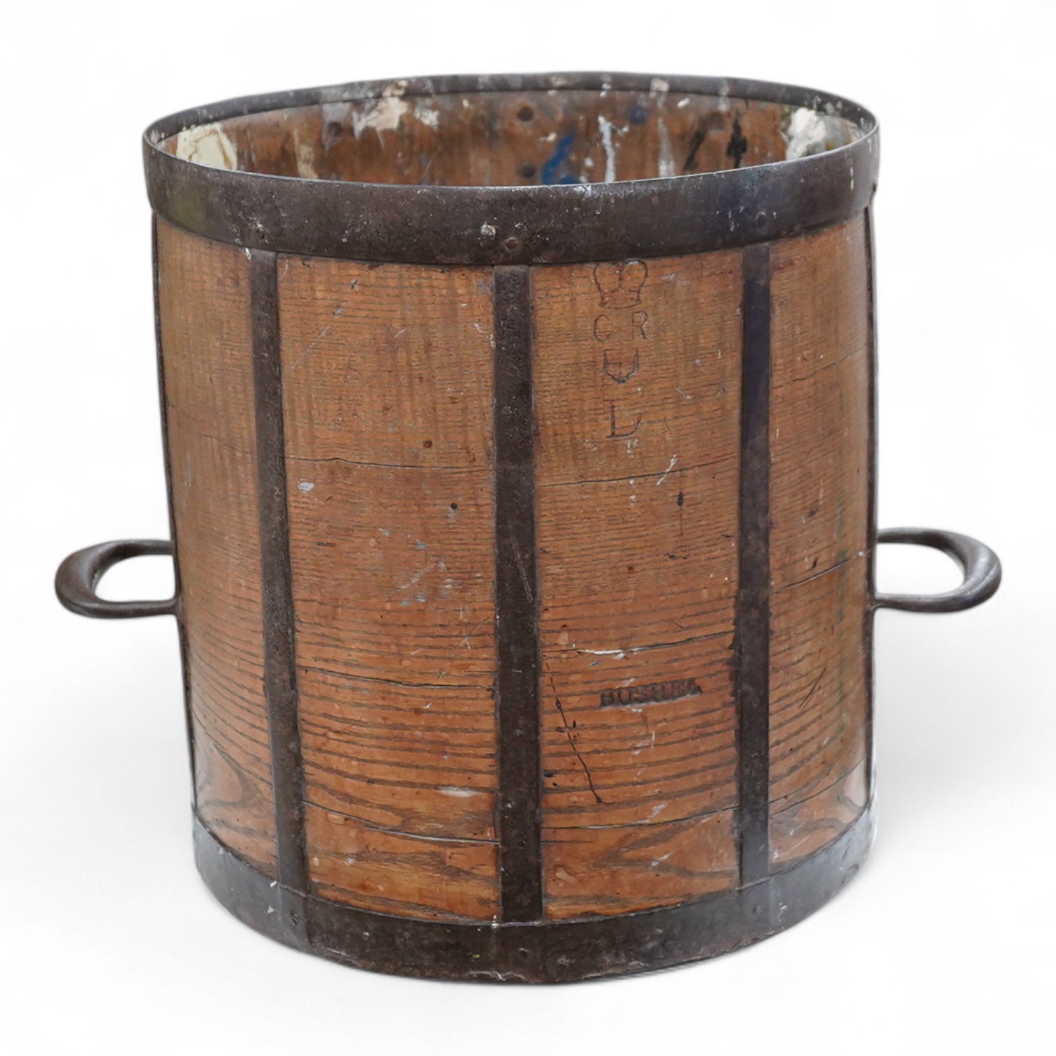 A Georgian iron framed oak Bushel measure, stamped with ‘BUSHEL’ and a crowned GR, diameter 36cm, height 38.5cm